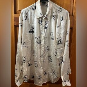 100% Silk Art Deco Pin Up All Over Print Faces Shirt Women’s 16 Vintage Inspired